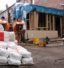 Shuttering being added to a very simple timber frame for a hempcrete kitchen extension