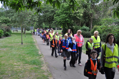 'Walking buses' can pick children up along the way, and all walk to school safely together.