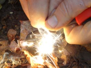 A firesteel is used to ignite birch bark tinder