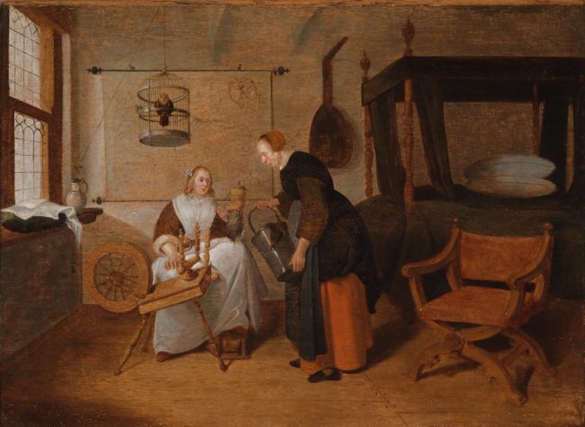 Heating by Dutch foot stove in action in a painting from the 17th century