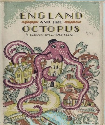 This 1920s book by Clough Williams-Ellis depicted urban sprawl into the countryside as an octopus spreading its tentacles across England - especially 'ribbon development' along main roads. This fear for loss of countryside was one of the main drivers behind the development of the planning system.