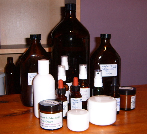 An assortment of homemade essential oils, lotions and ointments