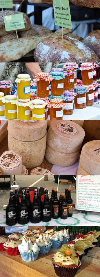 Farmers' markets stalls selling breads, preserves, cheese, beer and cakes.