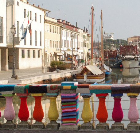 Knitting on display in a 'yarn-bomb' on a bridge