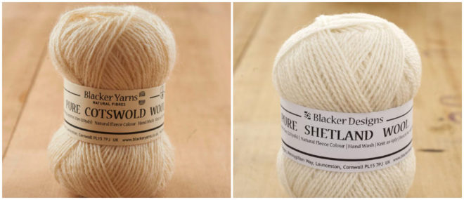 A ball of Cotswold yarn (left) and Shetland yarn (right)