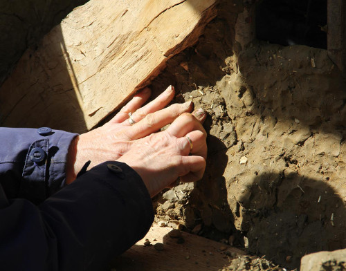 The daub being applied during construction.